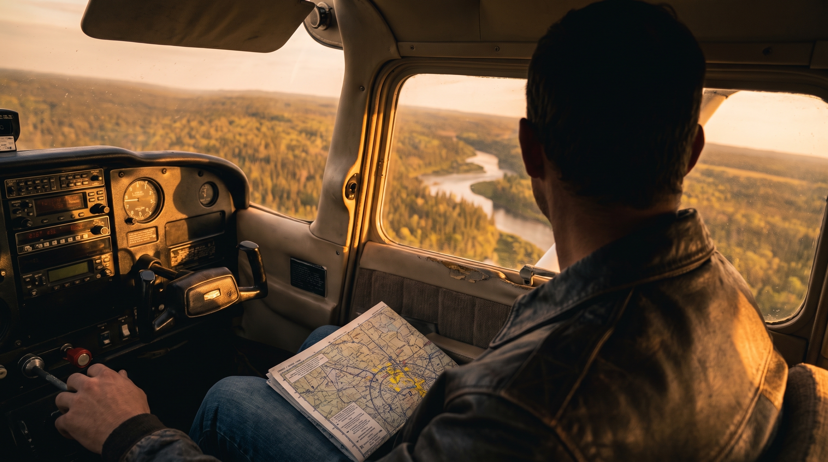 Blick über die Schulter des Piloten: Karte auf dem Knie, Hand am Gashebel, darunter Wald und ein Fluss im Abendlicht