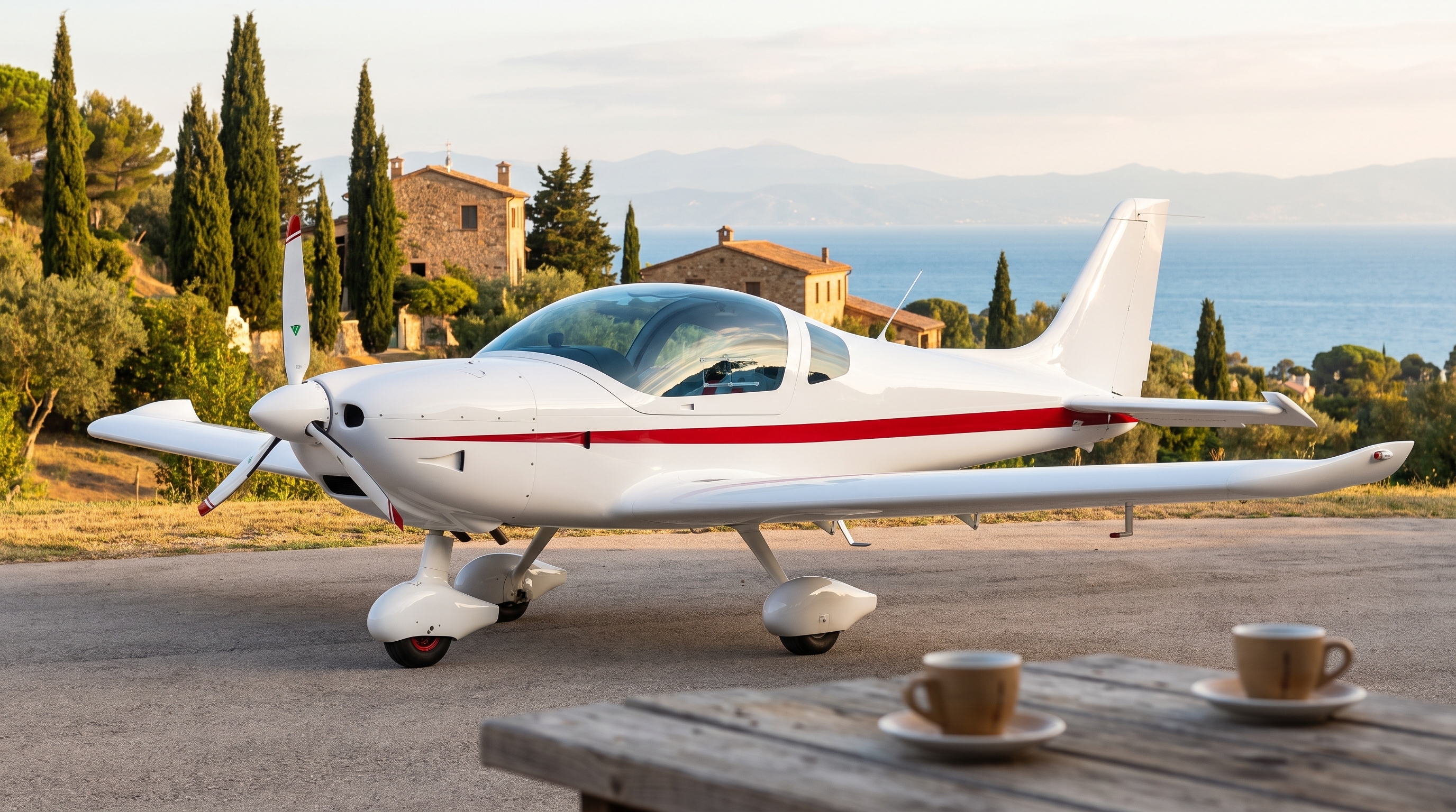 Schnittiges weißes Ultraleicht mit Blasenkanzel auf dem Vorfeld eines italienischen Küstenflugplatzes, Zypressen und Meer im Hintergrund, zwei Espressotassen im Vordergrund
