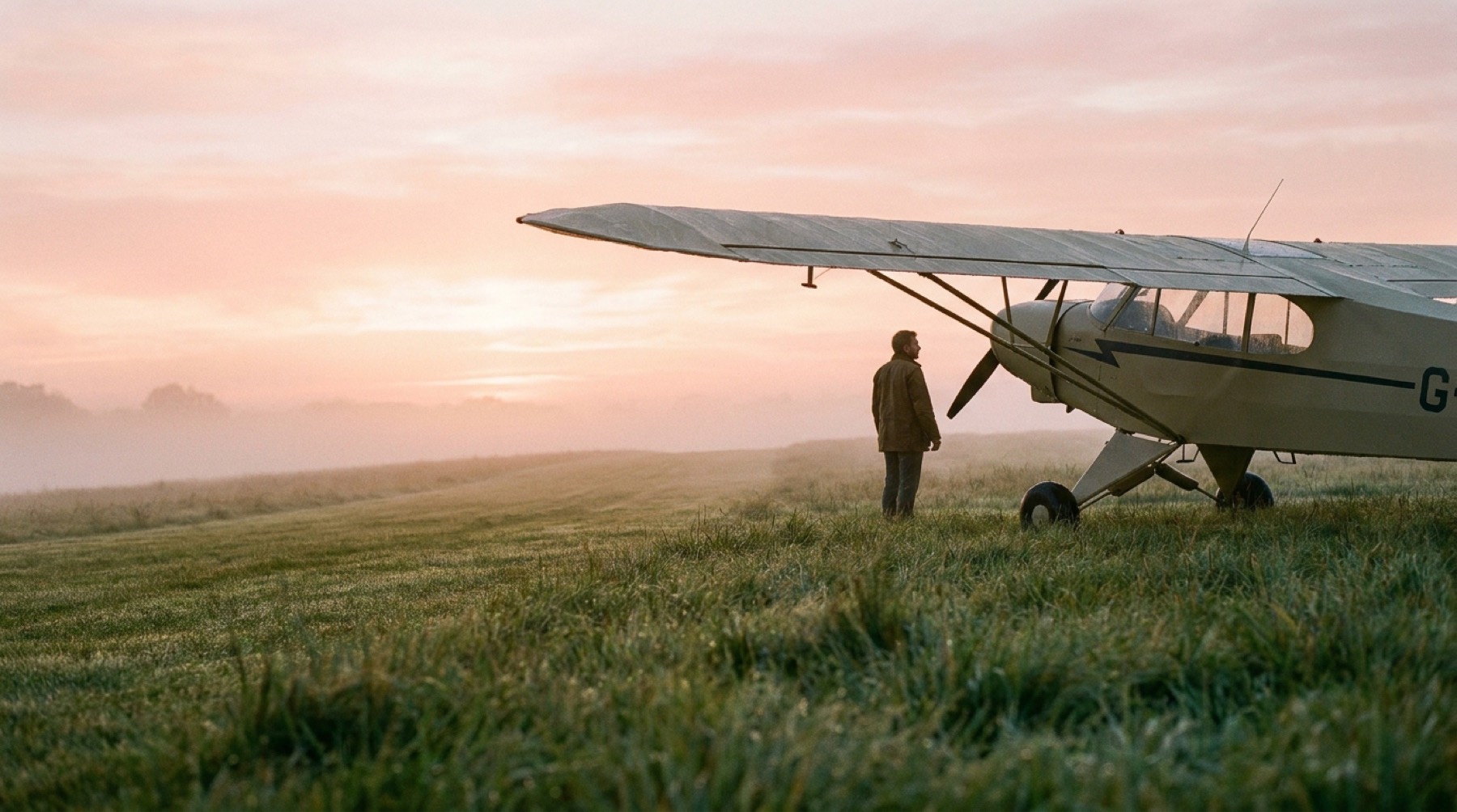 Pilot steht bei Sonnenaufgang neben seinem Flugzeug auf einer nebligen Graspiste