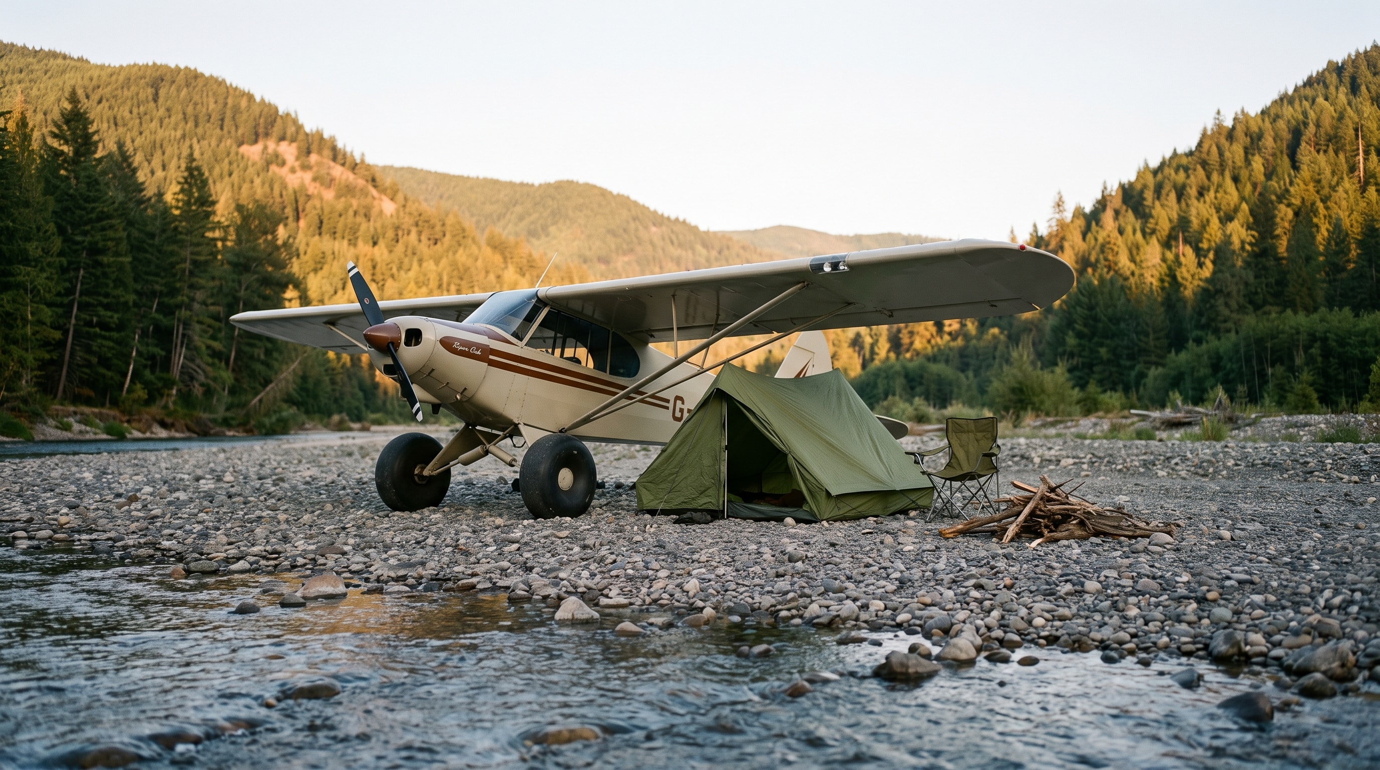 Ultraleichtflugzeug auf einer Kiesbank an einem Fluss, daneben ein Zelt