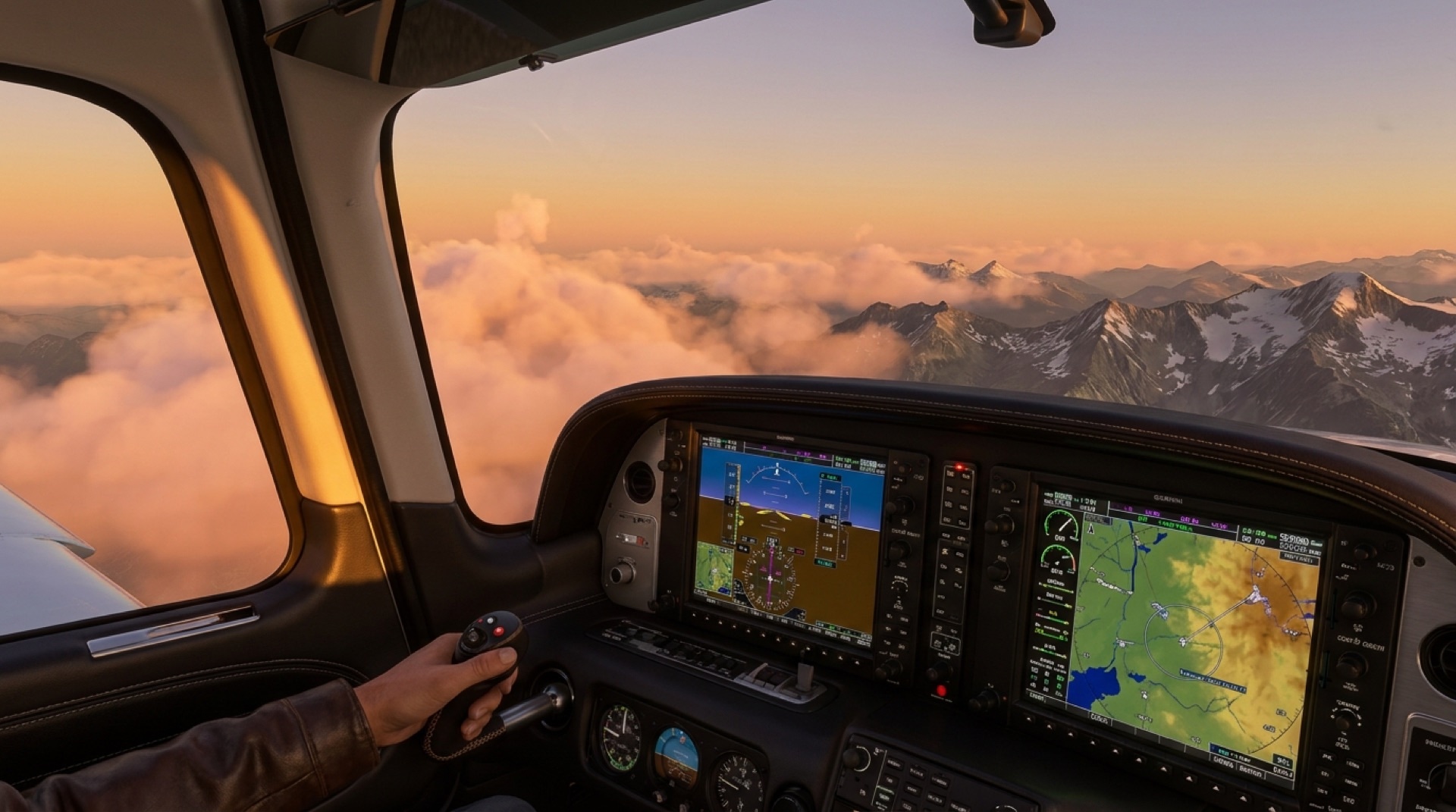 Blick aus dem Cockpit über eine geschlossene Wolkendecke im Abendlicht