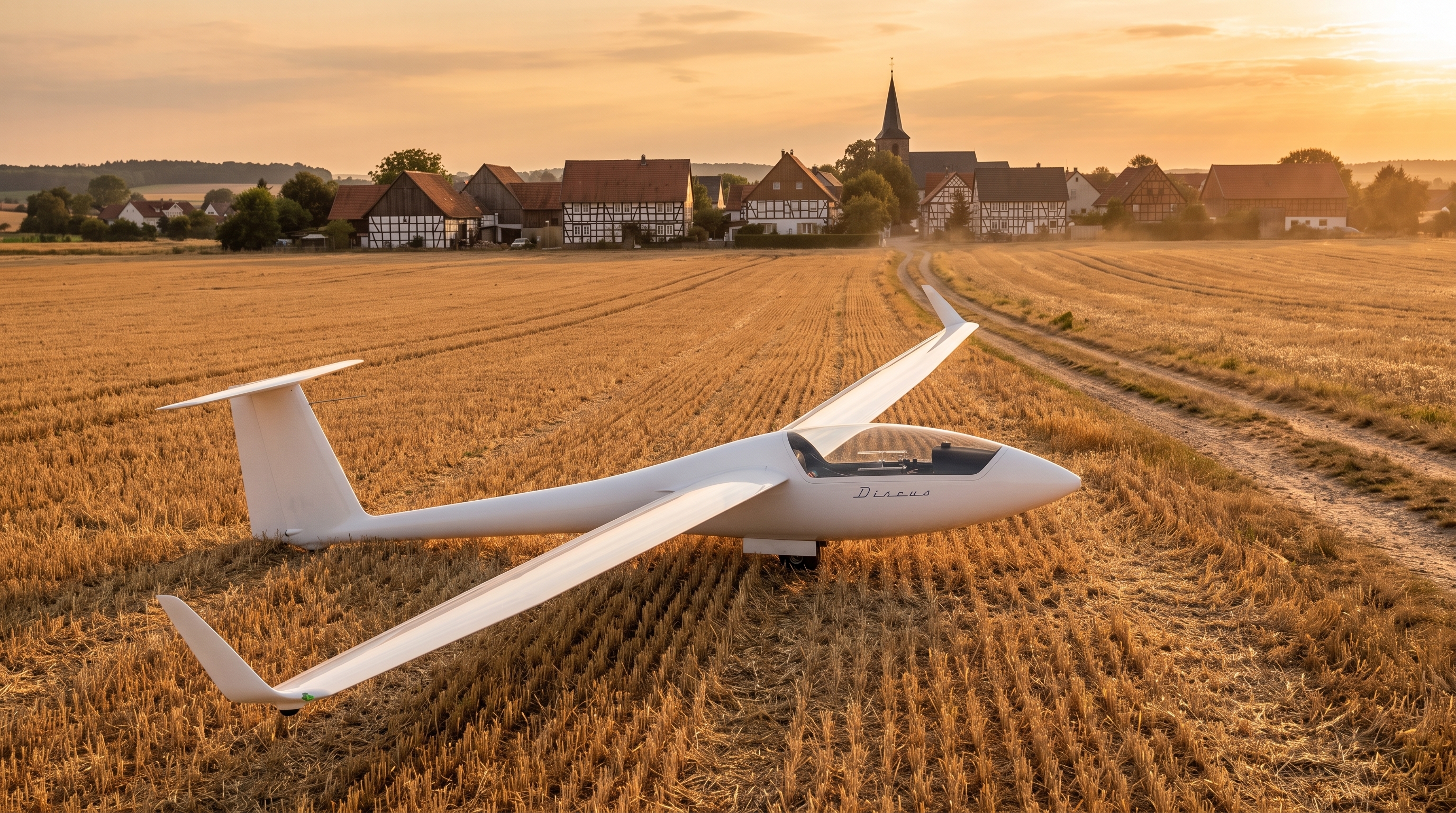 Weißes Segelflugzeug auf einem abgeernteten Stoppelfeld im Abendlicht, dahinter ein Fachwerkdorf