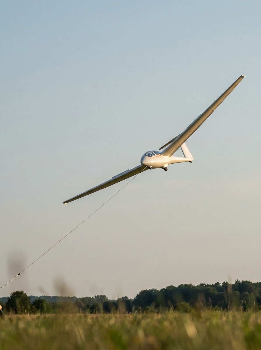 Weißes Segelflugzeug im Windenstart kurz nach dem Abheben, Seil straff nach unten gespannt, Wiese und Waldrand darunter